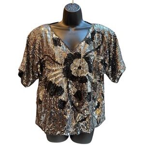 Vintage Heavily Sequined Silk Short Sleeve Top Black Silver New Old Stock Sz L